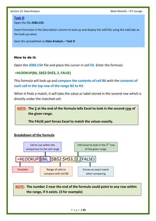Section 14: Data Analysis Mark Nicholls – ICT Lounge
P a g e | 46
How to do it:
Open the JOBS.CSV file and place the cursor in cell C6. Enter the formula:
=HLOOKUP(B6, $B$2:$H$3, 2, FALSE)
This formula will look up and compare the contents of cell B6 with the contents of
each cell in the top row of the range B2 to H3.
When it finds a match, it will take the value or label stored in the second row which is
directly under the matched cell.
Breakdown of the formula
=HLOOKUP (B6, $B$2:$H$3, 2, FALSE)
Task O
Open the file JOBS.CSV.
Insert formulae in the Description column to look up and display the JobTitle using the JobCode as
the look-up value:
Save the spreadsheet as Data Analysis – Task O
NOTE: The 2 at the end of the formula tells Excel to look in the second row of
the given range.
The FALSE part forces Excel to match the values exactly.
Function
Cell to use within the
comparison to the cell range
Range of cells to
compare with cell B6
Tells Excel to look in the 2nd
row
of the given range.
NOTE: The number 2 near the end of the formula could point to any row within
the range, if it exists. (3 for example)
Forces an exact match
when comparing
 