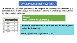 FUNCION MAXIMO Y MINIMO
La función MAX de Excel pertenece a la categoría de funciones de estadística y la
definición ofici...
