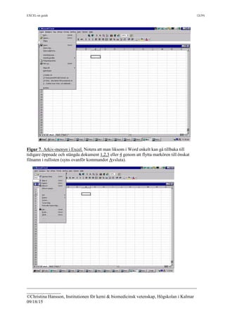 EXCEL-en guide 12(39)
___________________________________________________________________________
_______________
©Christina Hansson, Institutionen för kemi & biomedicinsk vetenskap, Högskolan i Kalmar
09/18/15
Figur 7. Arkiv-menyn i Excel. Notera att man liksom i Word enkelt kan gå tillbaka till
tidigare öppnade och stängda dokument 1,2,3 eller 4 genom att flytta markören till önskat
filnamn i rullisten (syns ovanför kommandot Avsluta).
 