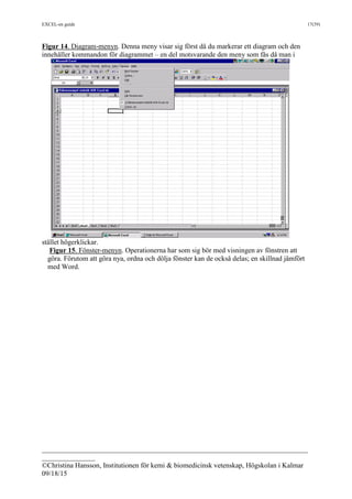 EXCEL-en guide 17(39)
___________________________________________________________________________
_______________
©Christina Hansson, Institutionen för kemi & biomedicinsk vetenskap, Högskolan i Kalmar
09/18/15
Figur 14. Diagram-menyn. Denna meny visar sig först då du markerar ett diagram och den
innehåller kommandon för diagrammet – en del motsvarande den meny som fås då man i
stället högerklickar.
Figur 15. Fönster-menyn. Operationerna har som sig bör med visningen av fönstren att
göra. Förutom att göra nya, ordna och dölja fönster kan de också delas; en skillnad jämfört
med Word.
 