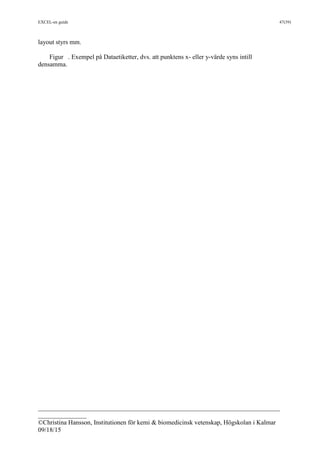 EXCEL-en guide 47(39)
___________________________________________________________________________
_______________
©Christina Hansson, Institutionen för kemi & biomedicinsk vetenskap, Högskolan i Kalmar
09/18/15
layout styrs mm.
Figur . Exempel på Dataetiketter, dvs. att punktens x- eller y-värde syns intill
densamma.
 