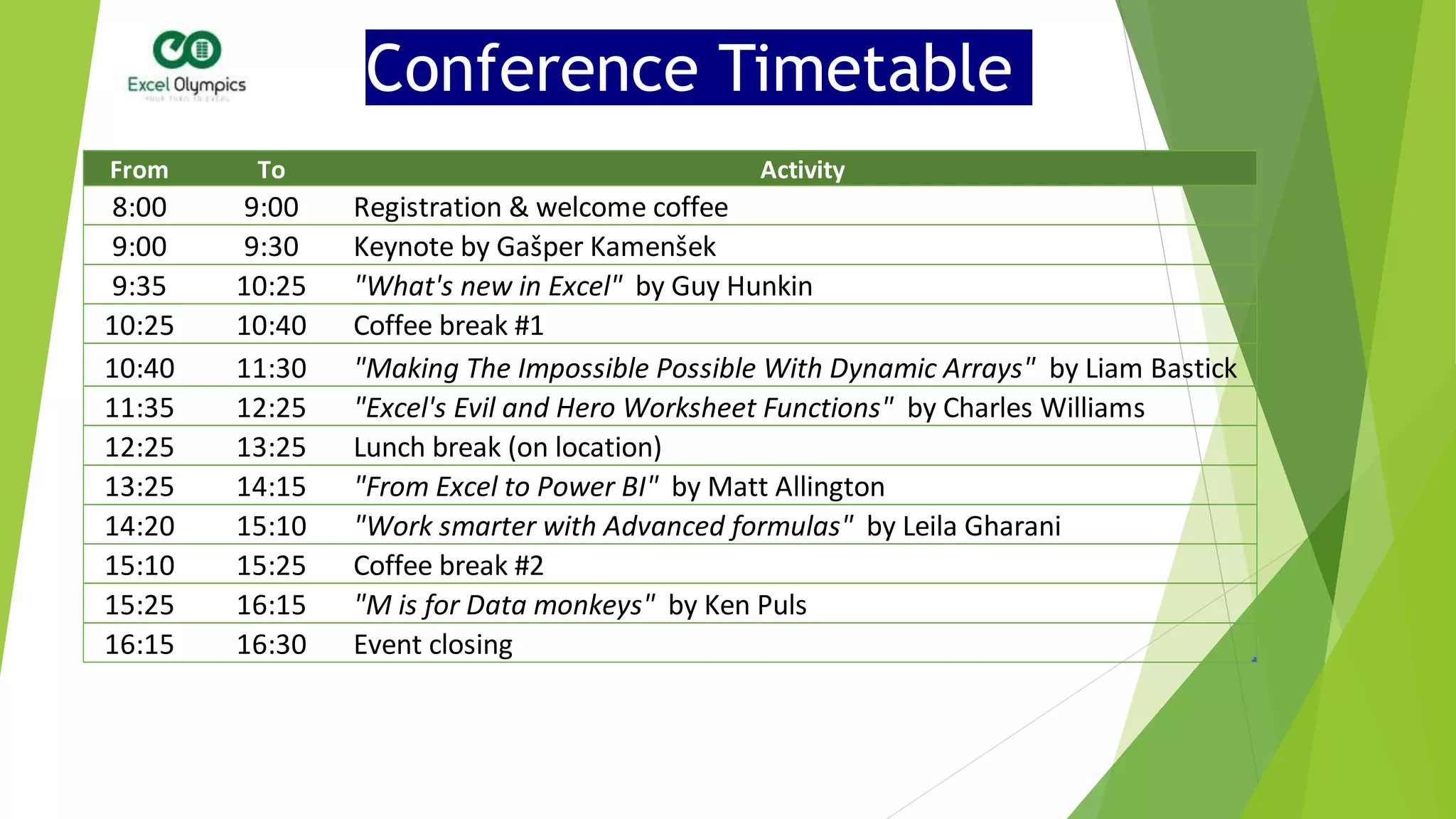 Conference Timetable
From To Activity
8:00 9:00 Registration & welcome coffee
9:00 9:30 Keynote by Gašper Kamenšek
9:35 10:25 "What's new in Excel" by Guy Hunkin
10:25 10:40 Coffee break #1
10:40 11:30 "Making The Impossible Possible With Dynamic Arrays" by Liam Bastick
11:35 12:25 "Excel's Evil and Hero Worksheet Functions" by Charles Williams
12:25 13:25 Lunch break (on location)
13:25 14:15 "From Excel to Power BI" by Matt Allington
14:20 15:10 "Work smarter with Advanced formulas" by Leila Gharani
15:10 15:25 Coffee break #2
15:25 16:15 "M is for Data monkeys" by Ken Puls
16:15 16:30 Event closing
 