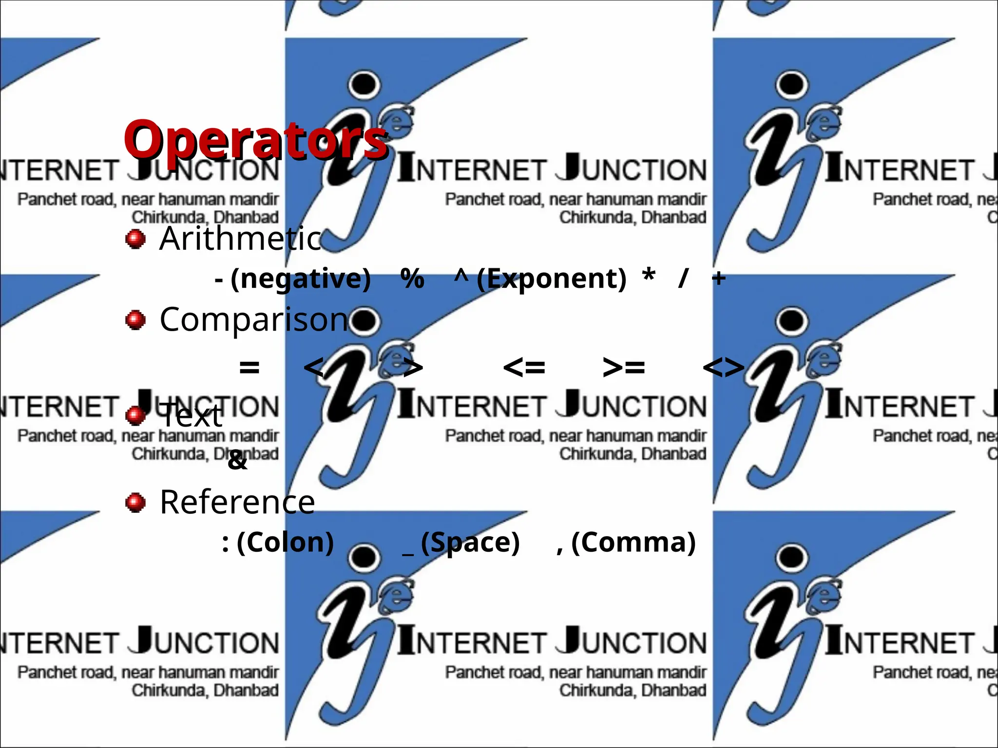 Operators
Operators
Arithmetic
- (negative) % ^ (Exponent) * / +
Comparison
= < > <= >= <>
Text
&
Reference
: (Colon) _ (Space) , (Comma)
 