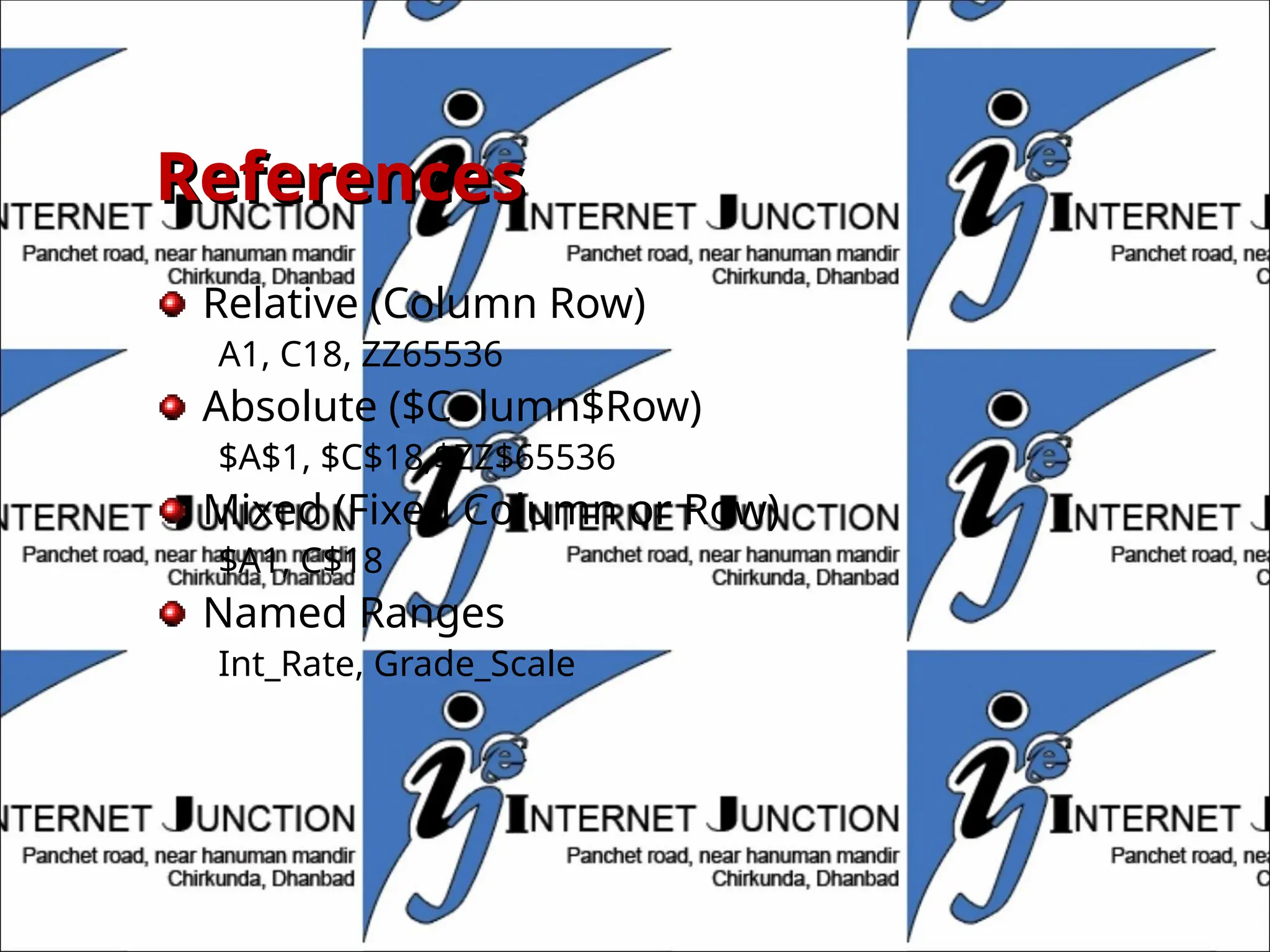 References
References
Relative (Column Row)
A1, C18, ZZ65536
Absolute ($Column$Row)
$A$1, $C$18,$ZZ$65536
Mixed (Fixed Column or Row)
$A1, C$18
Named Ranges
Int_Rate, Grade_Scale
 