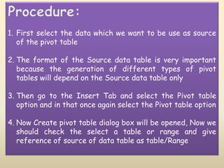 1. First select the data which we want to be use as source
of the pivot table
2. The format of the Source data table is very important
because the generation of different types of pivot
tables will depend on the Source data table only
3. Then go to the Insert Tab and select the Pivot table
option and in that once again select the Pivot table option
4. Now Create pivot table dialog box will be opened, Now we
should check the select a table or range and give
reference of source of data table as table/Range
 