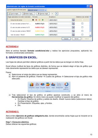 13
ACTIVIDAD 4
Abre el archivo llamado formato condicional.xlsx y realiza los ejercicios propuestos, aplicando los
formatos condicionales solicitados.
5. GRÁFICOS EN EXCEL.
Las hojas de cálculo permiten obtener gráficos a partir de los datos que se tengan en dicha Hoja.
Excel ofrece multitud de tipos de gráficos distintos, de forma que se deberá elegir el tipo de gráfico que
más claramente represente los datos que se desean representar.
Pasos:
a) Seleccionar el rango de datos que se desea representar.
b) Abrir el asistente de gráficos: Insertar  Cuadro de gráficos  Seleccionar el tipo de gráfico más
adecuado.
c) Tras seleccionar el tipo de gráfico, el gráfico aparece construido, y se abre el menú de
Herramientas de gráfico. En dicho menú se puede modificar el aspecto del gráfico:
 En Diseño: Diseños de gráfico y estilos de diseño. Añadir nuevos datos (seleccionar datos).
Cambiar el tipo de gráfico.
 En Presentación: Etiquetas, ejes, y fondos.
 Etc.
ACTIVIDAD 5.
Abre el libro Ejercicio de gráficas obligatorio.xlsx, donde encontrarás varias hojas que te iniciarán en la
realización de gráficos con Excel.
Hoja 1. Consumo eléctrico.
Debes obtener las siguientes gráficas:
 