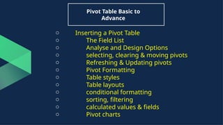 Pivot Table Basic to
Advance
o Inserting a Pivot Table
o The Field List
o Analyse and Design Options
o selecting, clearing & moving pivots
o Refreshing & Updating pivots
o Pivot Formatting
o Table styles
o Table layouts
o conditional formatting
o sorting, filtering
o calculated values & fields
o Pivot charts
 
