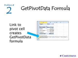 GetPivotData Formula
2
Problem #
Link to
pivot cell
creates
GetPivotData
formula
 