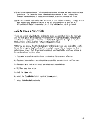 (2) The lower right quadrants - this area defines where and how the data shows on your
    pivot table. You can have a field show in either a column or row. You may also
    indicate if the data should be counted, summed, averaged, filtered and so on.

(3) The red outlined area to the left is the result of your selections from (1) and (2). You’ll
    see that the only difference I made in the last pivot table was to drag the AGE
    GROUP field underneath the PRECINCT field in the Row Labels quadrant.


How to Create a Pivot Table

There are several ways to build a pivot table. Excel has logic that knows the field type
and will try to place it in the correct row or column if you check the box. For example,
data that is numeric such as Precinct counts tends to appear to the right in columns.
Data, which is textual, such as Party would appear in rows.

While you can simply check fields to display and let Excel build your pivot table, I prefer
to use the “drag and drop” method. This is partly because I like to visualize my data in
columns and rows. I think it may also be easier if you have fields, which can appear to
be numbers like a precinct value.

1. Open your original spreadsheet and remove any blank rows or columns.

2. Make sure each column has a heading, as it will be carried over to the Field List.

3. Make sure your cells are properly formatted for their data type.

4. Highlight your data range

5. Click the Insert tab.

6. Select the PivotTable button from the Tables group.

7. Select PivotTable from the list.




                                                                                              4
 