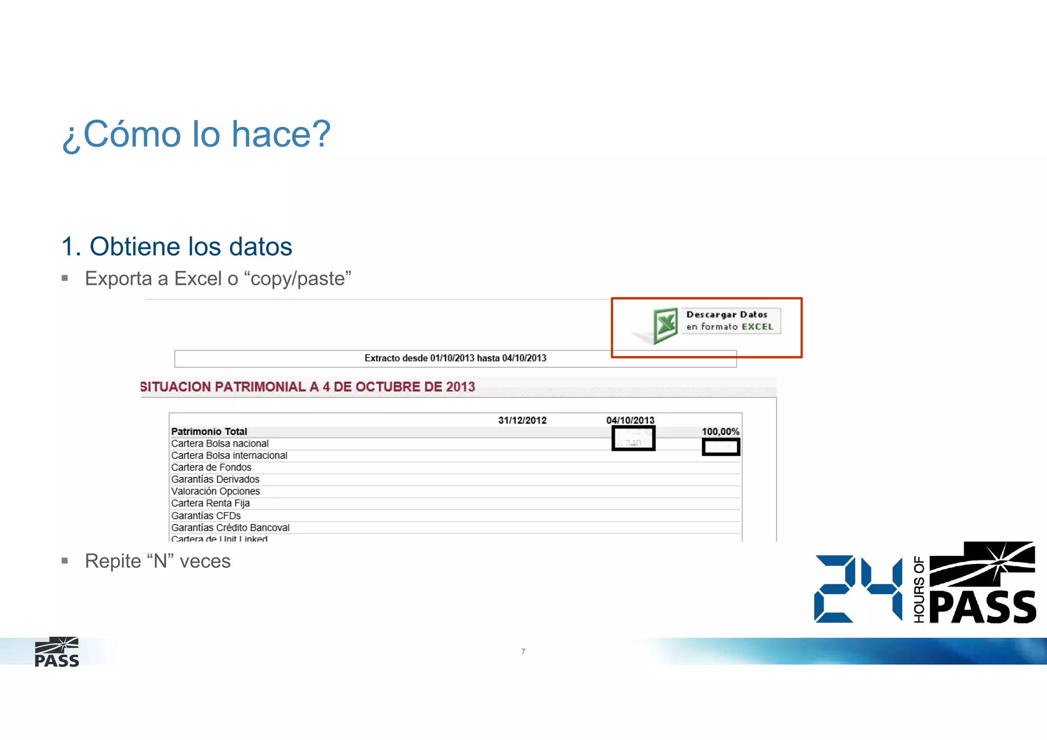 ¿Cómo lo hace?
1. Obtiene los datos
Exporta a Excel o “copy/paste”

Repite “N” veces

7

 