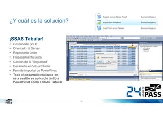 ¿Y cuál es la solución?
¡SSAS Tabular!
Gestionado por IT
Orientado al Server
Repositorio único
Procesamiento único
Gestión de la “Seguridad”
Desarrollo en Visual Studio
Permite importar de PowerPivot
Todo el desarrollo realizado en
esta sesión es aplicable tanto a
PowerPivot como a SSAS Tabular

25

 