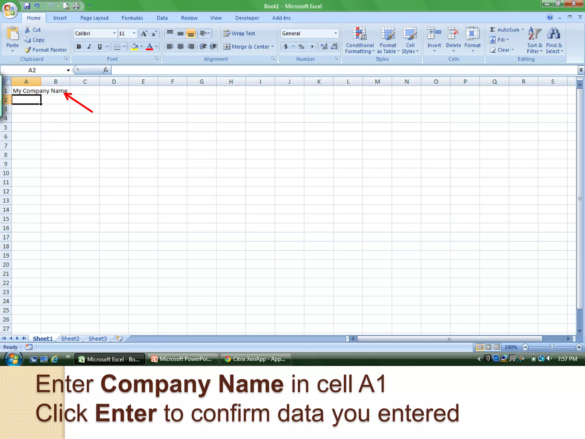 Enter Company Name in cell A1
Click Enter to confirm data you entered
 
