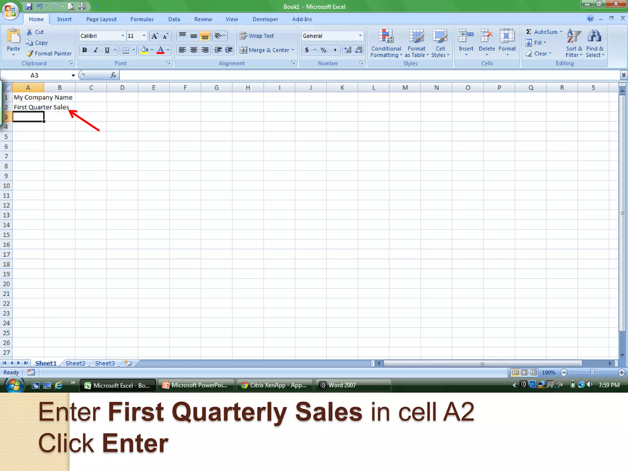 Enter First Quarterly Sales in cell A2
Click Enter
 