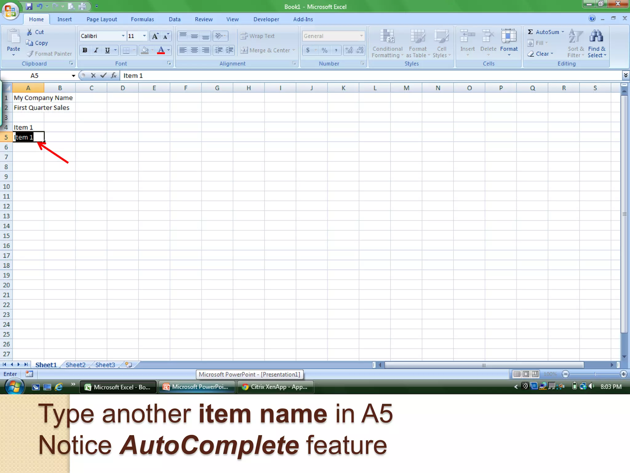 Type another item name in A5
Notice AutoComplete feature
 