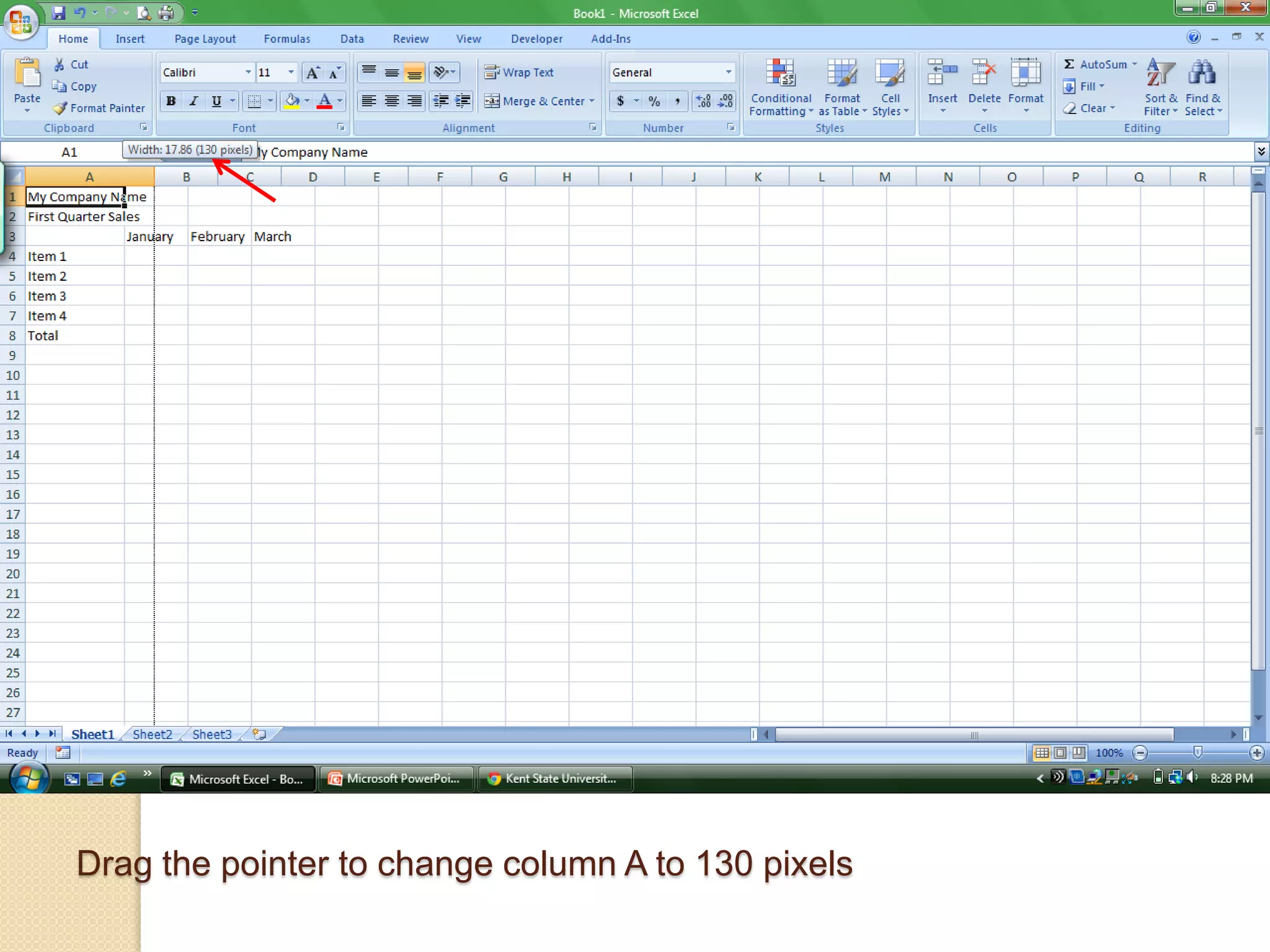 Drag the pointer to change column A to 130 pixels
 