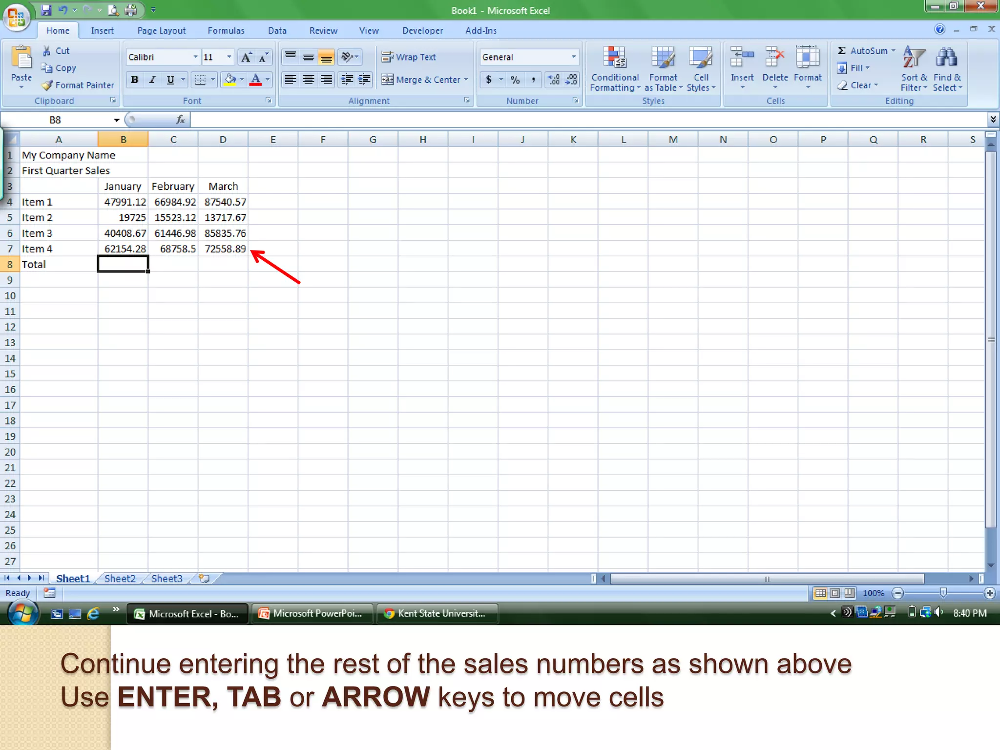 Continue entering the rest of the sales numbers as shown above
Use ENTER, TAB or ARROW keys to move cells
 