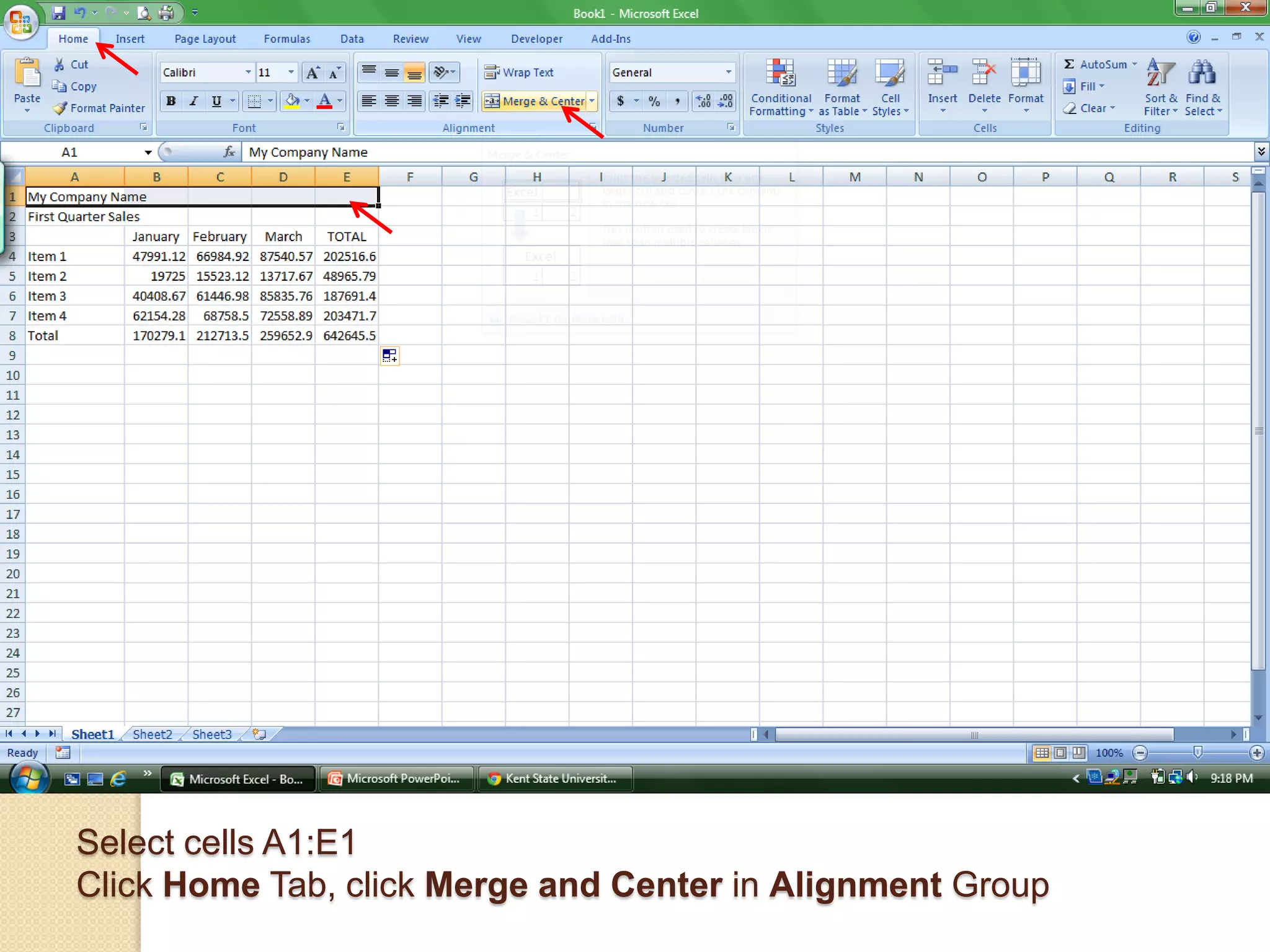 Select cells A1:E1
Click Home Tab, click Merge and Center in Alignment Group
 