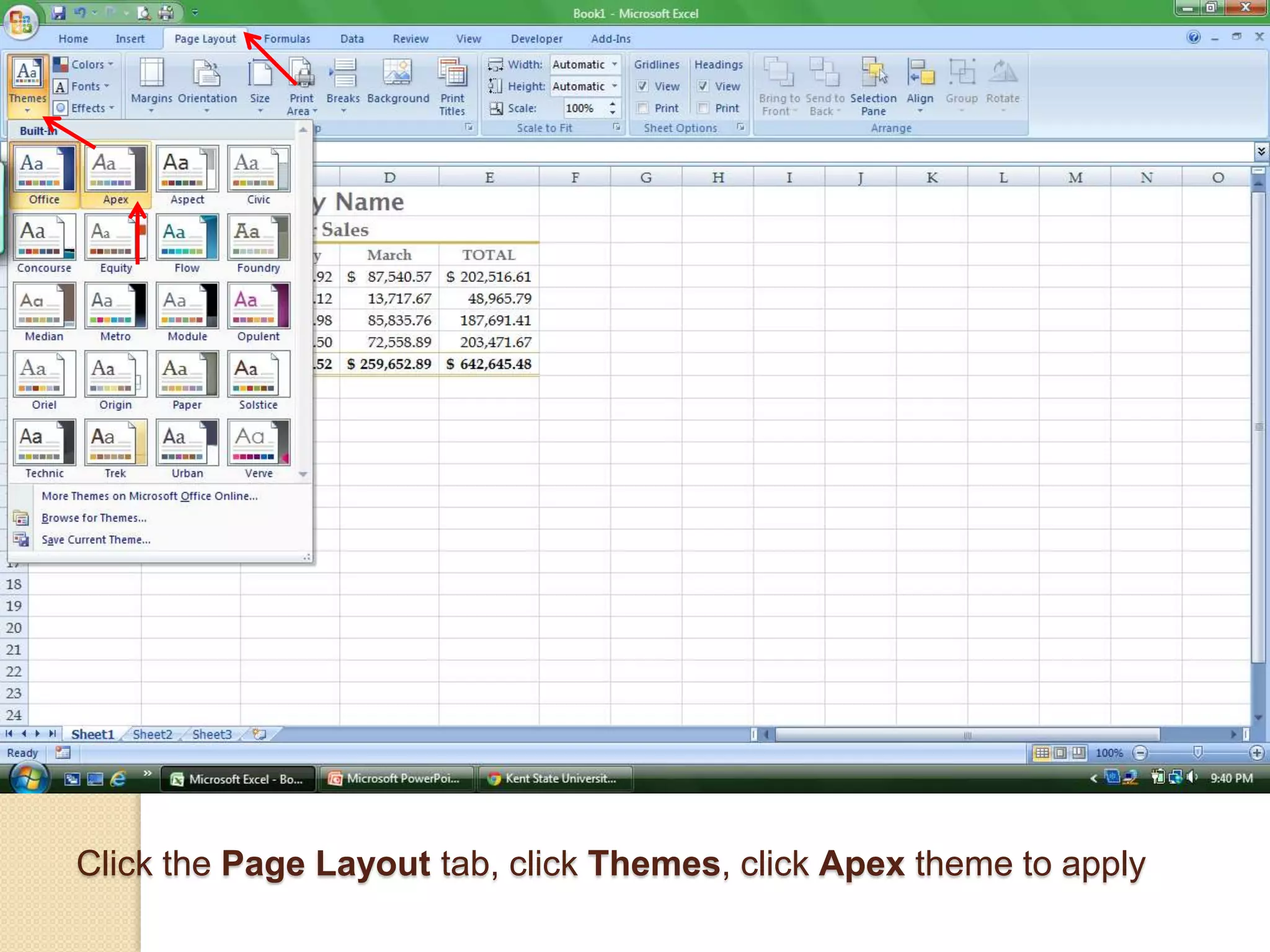 Click the Page Layout tab, click Themes, click Apex theme to apply
 