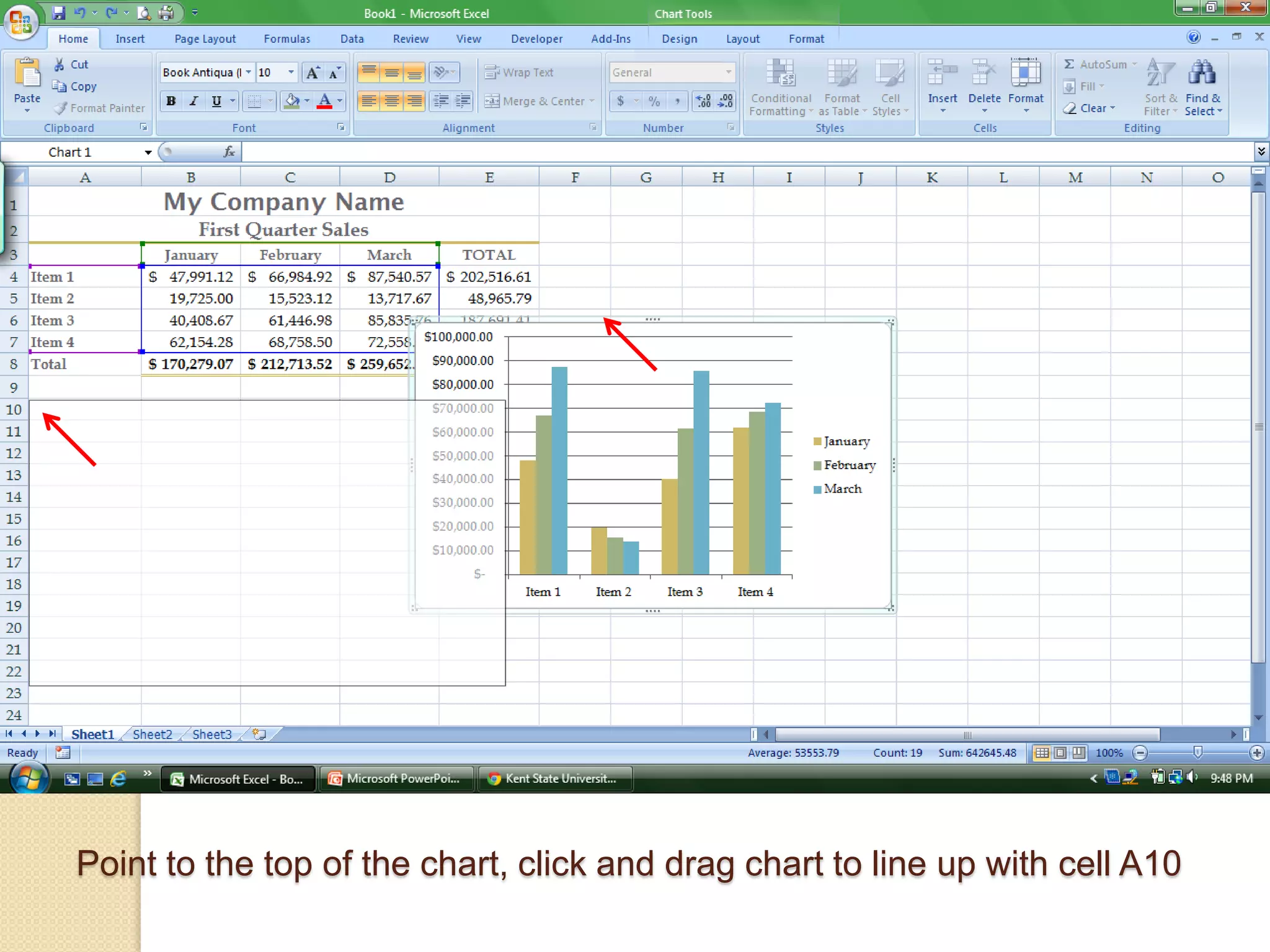 Point to the top of the chart, click and drag chart to line up with cell A10
 