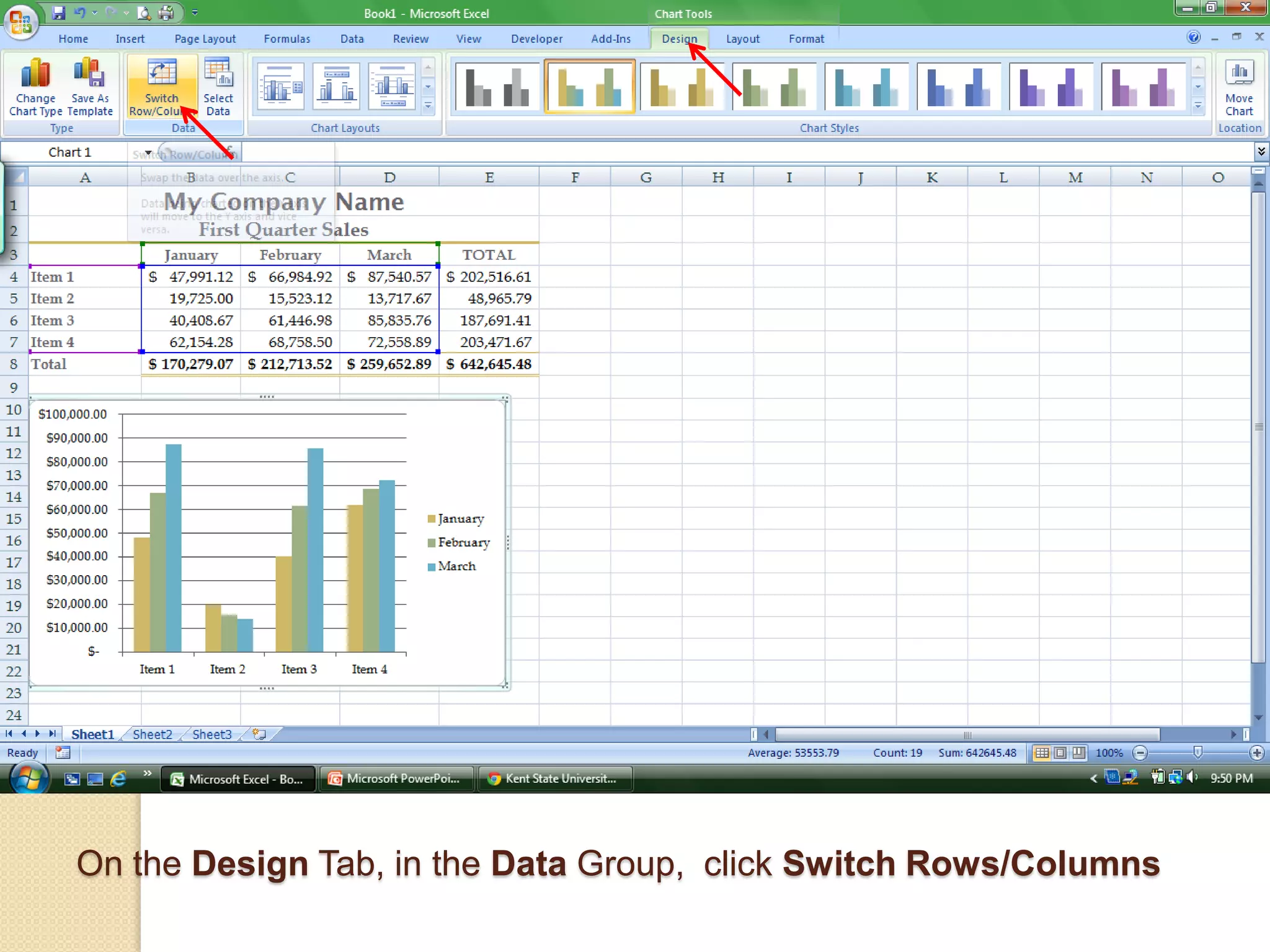 On the Design Tab, in the Data Group, click Switch Rows/Columns
 