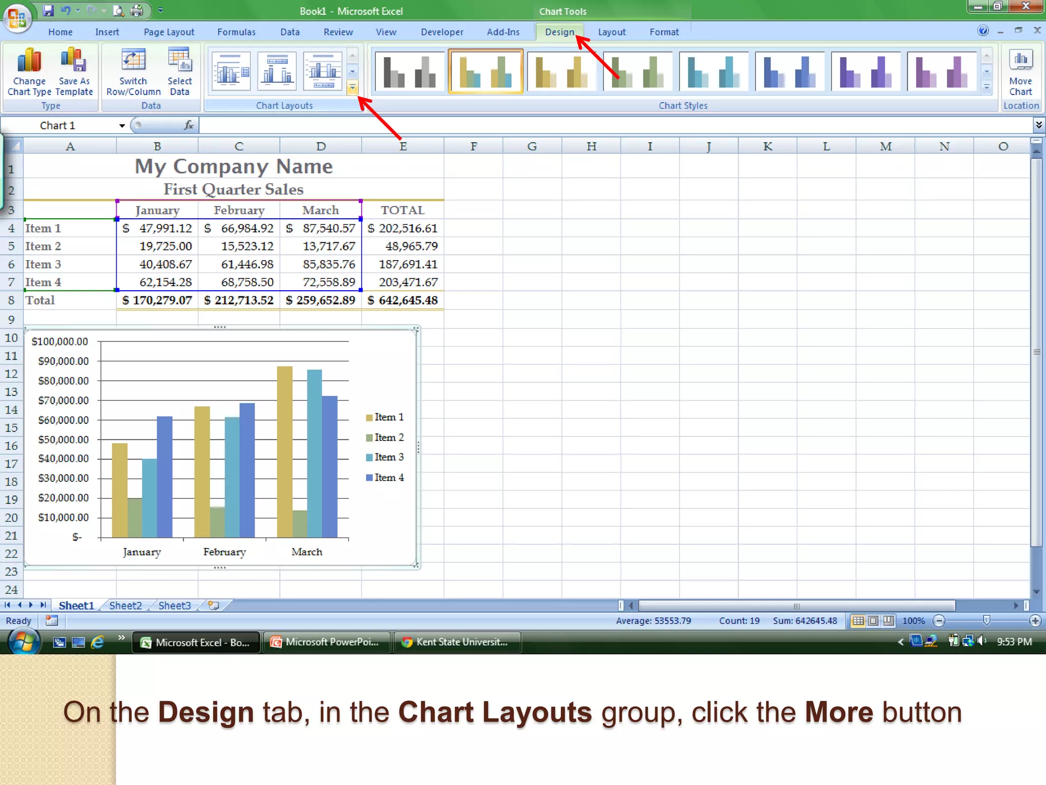 On the Design tab, in the Chart Layouts group, click the More button
 