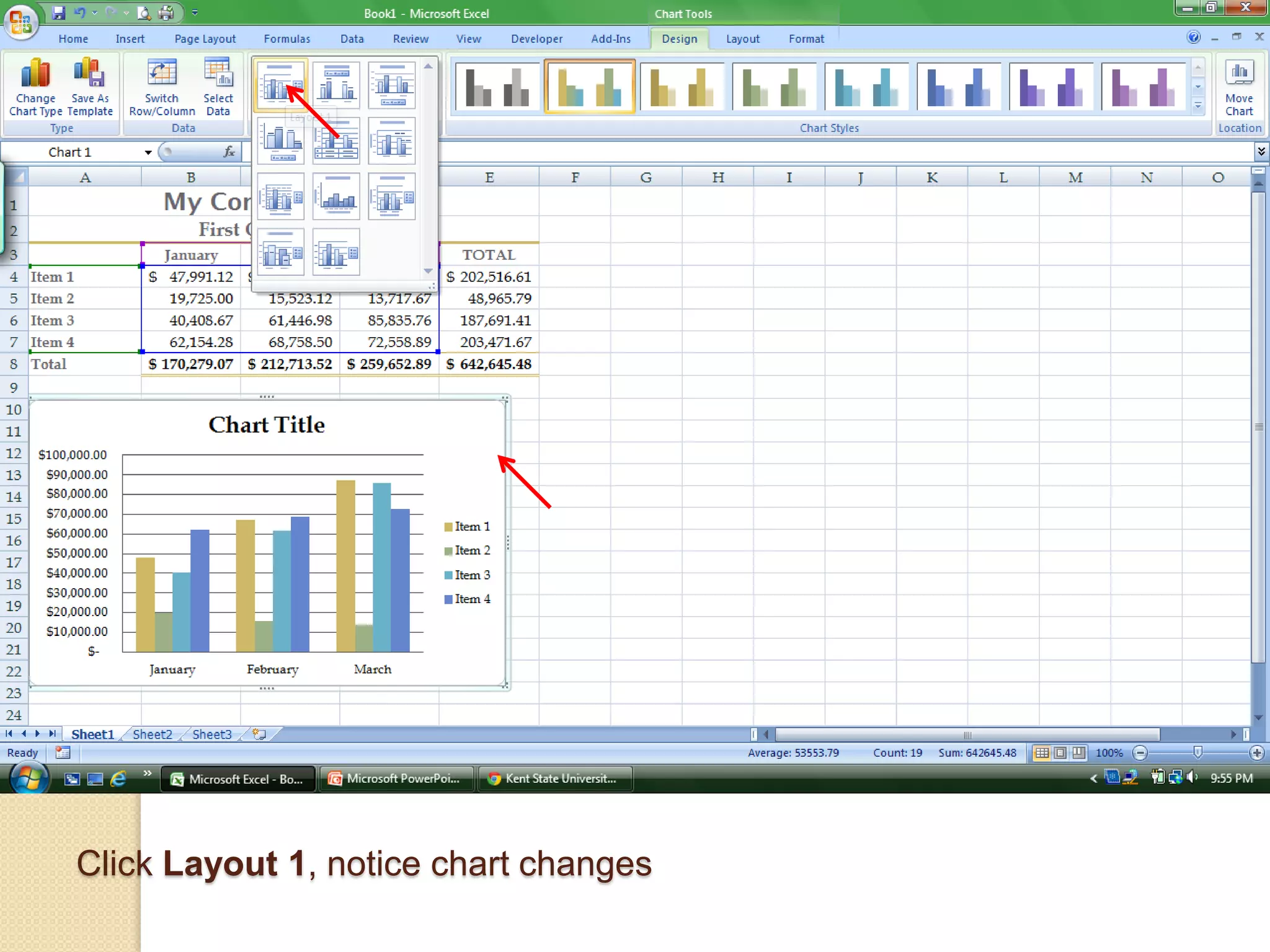 Click Layout 1, notice chart changes
 