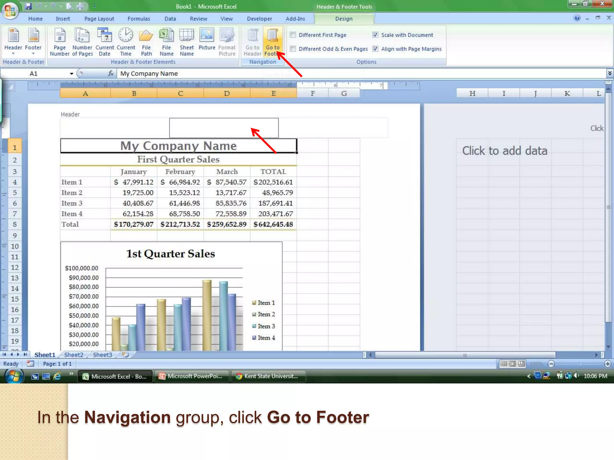 In the Navigation group, click Go to Footer
 