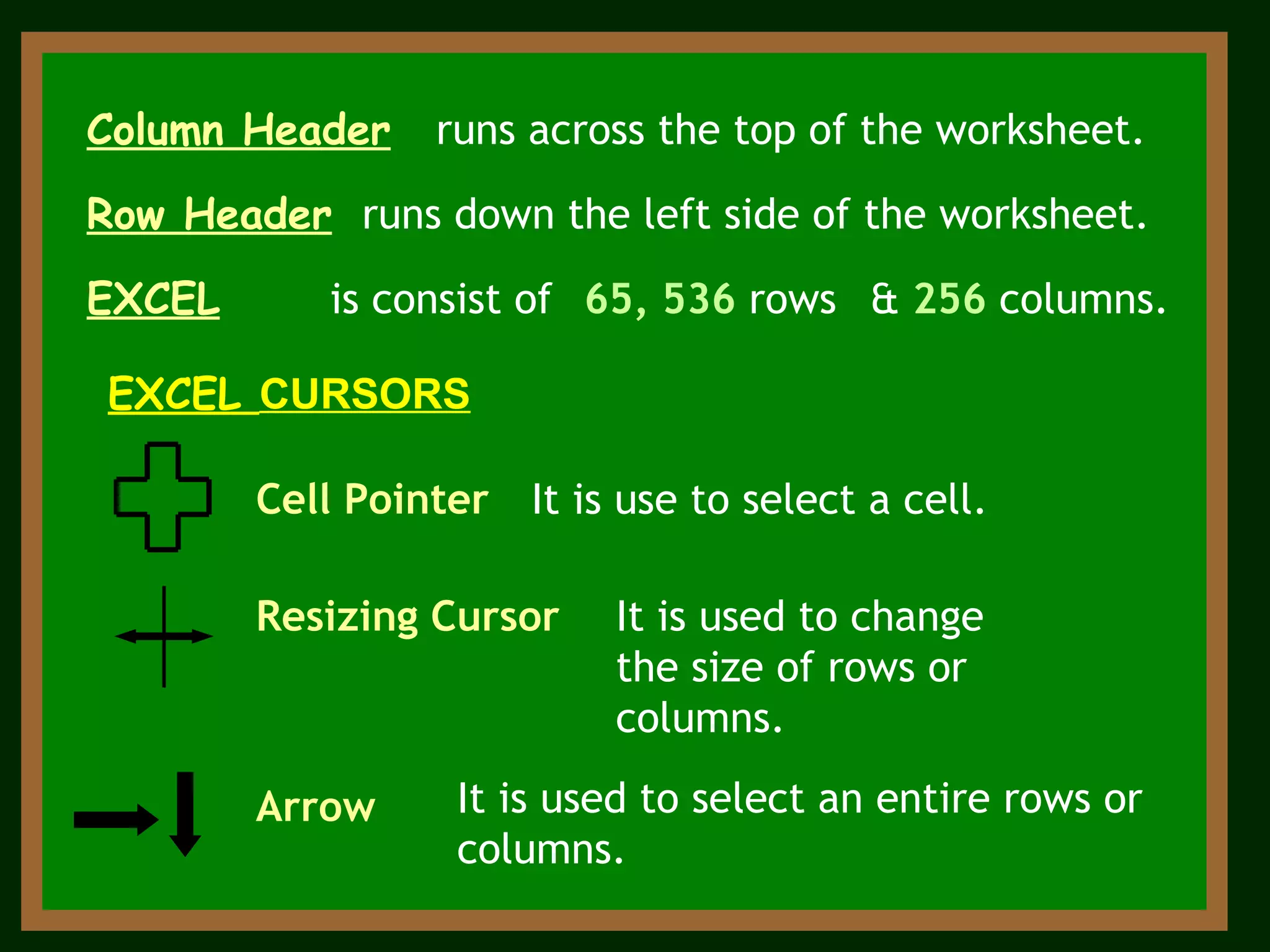 Row Header runs down the left side of the worksheet. Column Header runs across the top of the worksheet.   EXCEL is consist of &  256   columns.   65, 536   rows EXCEL  CURSORS   Cell Pointer   It is use to select a cell.   Resizing Cursor It is used to change the size of rows or columns.  Arrow   It is used to select an entire rows or columns.  