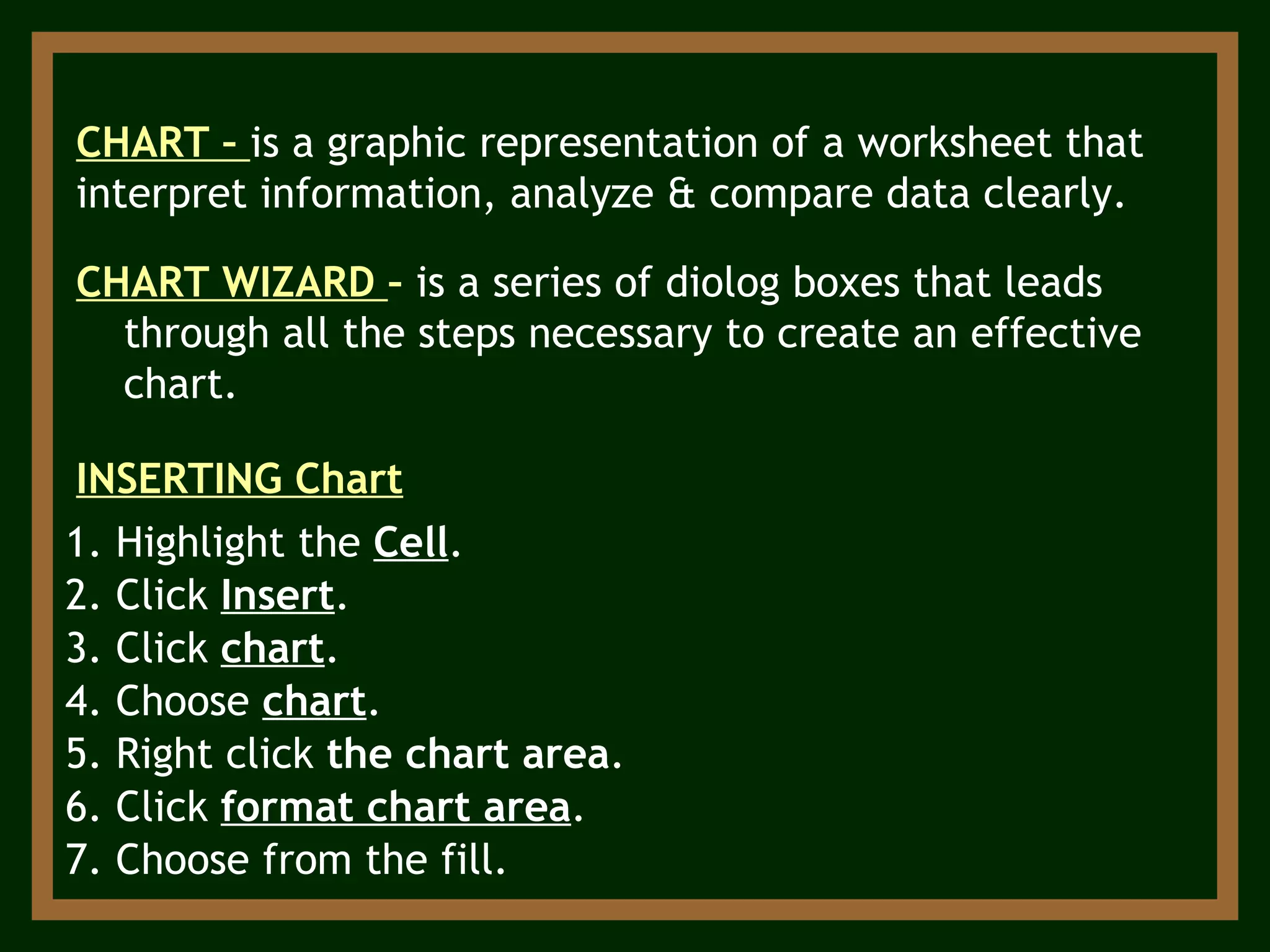 3. Click  chart . INSERTING Chart 1. Highlight the  Cell . 2. Click  Insert . CHART –  is a graphic representation of a worksheet that interpret information, analyze & compare data clearly. CHART WIZARD  –  is a series of diolog boxes that leads through all the steps necessary to create an effective chart. 5. Right click  the chart area . 4. Choose  chart . 6. Click  format chart area . 7. Choose from the fill. 