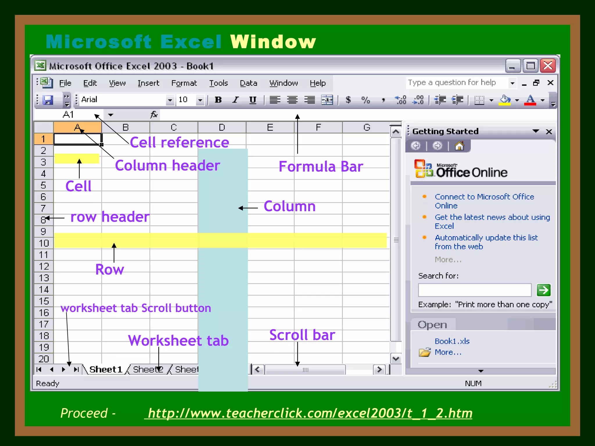 Column Row Cell Column header Formula Bar worksheet tab Scroll button Worksheet tab Scroll bar Microsoft Excel  Window Proceed -  http://www.teacherclick.com/excel2003/t_1_2.htm Cell reference row header 