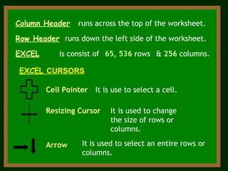 Row Header runs down the left side of the worksheet. Column Header runs across the top of the worksheet.   EXCEL is consist of &  256   columns.   65, 536   rows EXCEL  CURSORS   Cell Pointer   It is use to select a cell.   Resizing Cursor It is used to change the size of rows or columns.  Arrow   It is used to select an entire rows or columns.  
