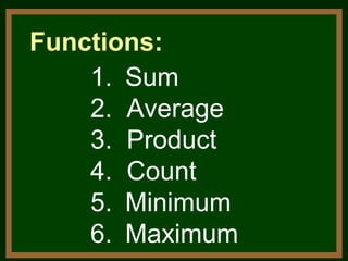 Sum 2.  Average 3.  Product 4.  Count Minimum Maximum Functions: 