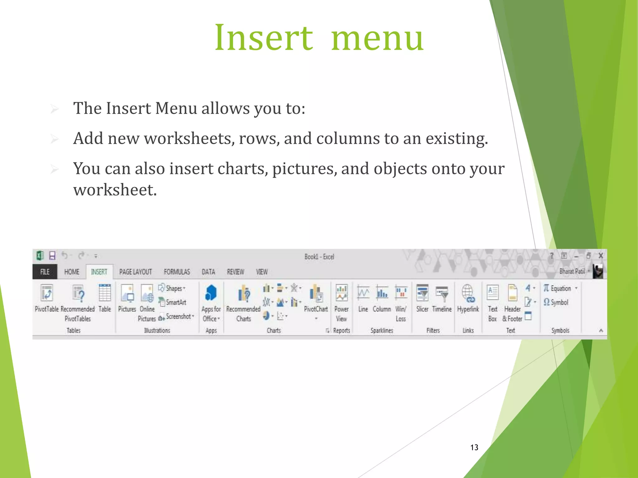 Insert menu
 The Insert Menu allows you to:
 Add new worksheets, rows, and columns to an existing.
 You can also insert charts, pictures, and objects onto your
worksheet.
13
 
