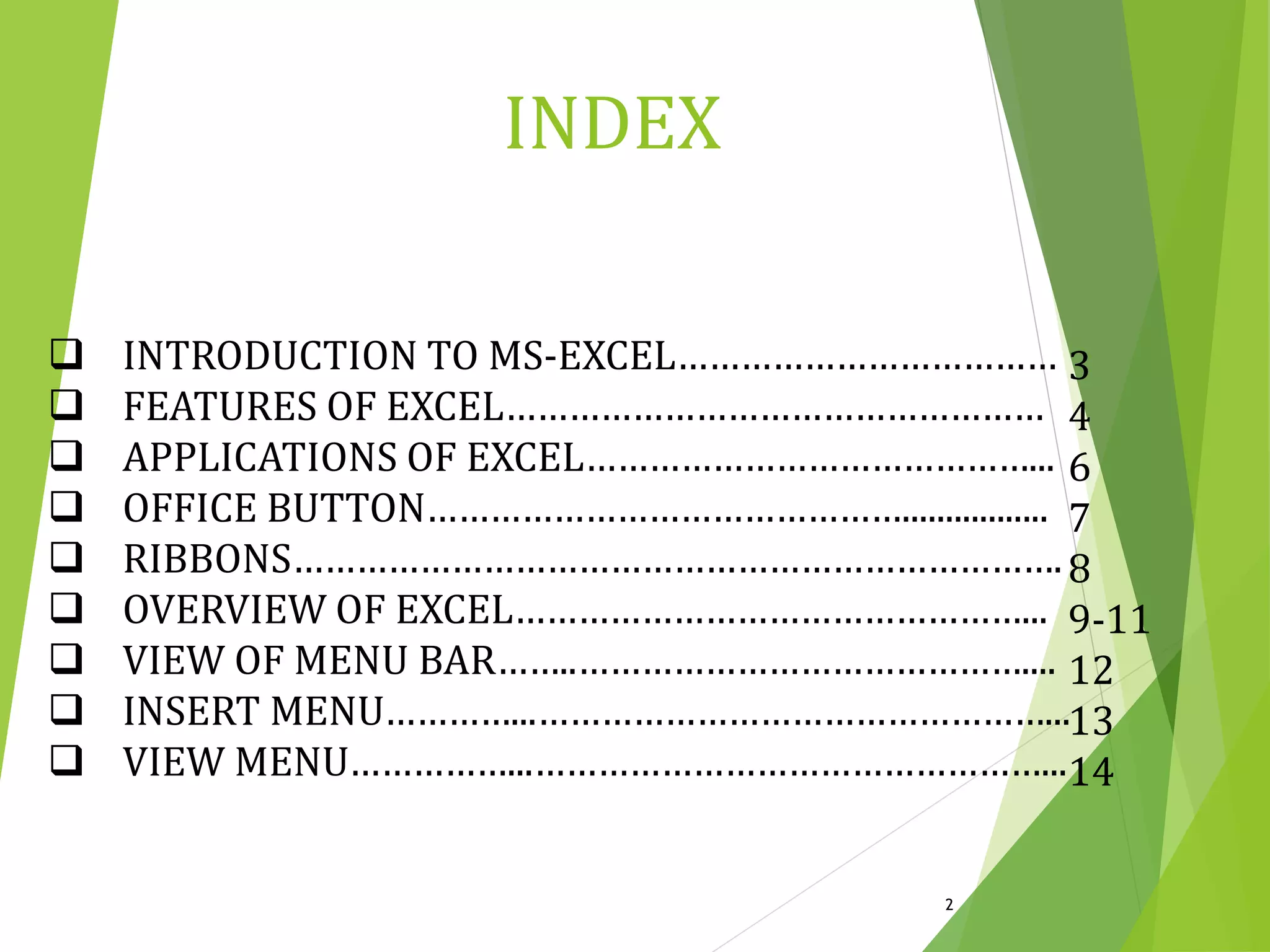  INTRODUCTION TO MS-EXCEL………………………………
 FEATURES OF EXCEL……………………………………………
 APPLICATIONS OF EXCEL……………………………………...
 OFFICE BUTTON……………………………………….................
 RIBBONS……………………………………………………………….
 OVERVIEW OF EXCEL…………………………………………...
 VIEW OF MENU BAR……..……………………………………....
 INSERT MENU…………...…………………………………………...
 VIEW MENU……………...…………………………………………...
3
4
6
7
8
9-11
12
13
14
2
INDEX
 