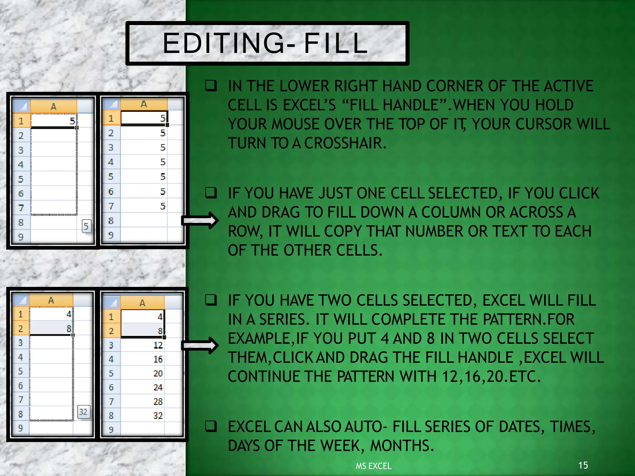 EDITING- FILL
 IN THE LOWER RIGHT HAND CORNER OF THE ACTIVE
CELL IS EXCEL’S “FILL HANDLE”.WHEN YOU HOLD
YOUR MOUSE OVER THE TOP OF IT
, YOUR CURSOR WILL
TURN TO A CROSSHAIR.
 IF YOU HAVE JUST ONE CELL SELECTED, IF YOU CLICK
AND DRAG TO FILL DOWN A COLUMN OR ACROSS A
ROW, IT WILL COPY THAT NUMBER OR TEXT TO EACH
OF THE OTHER CELLS.
 IF YOU HAVE TWO CELLS SELECTED, EXCEL WILL FILL
IN A SERIES. IT WILL COMPLETE THE PATTERN.FOR
EXAMPLE,IF YOU PUT 4 AND 8 IN TWO CELLS SELECT
THEM,CLICKAND DRAG THE FILL HANDLE ,EXCEL WILL
CONTINUE THE PATTERN WITH 12,16,20.ETC.
 EXCEL CAN ALSO AUTO- FILL SERIES OF DATES, TIMES,
DAYS OF THE WEEK, MONTHS.
15
MS EXCEL
 