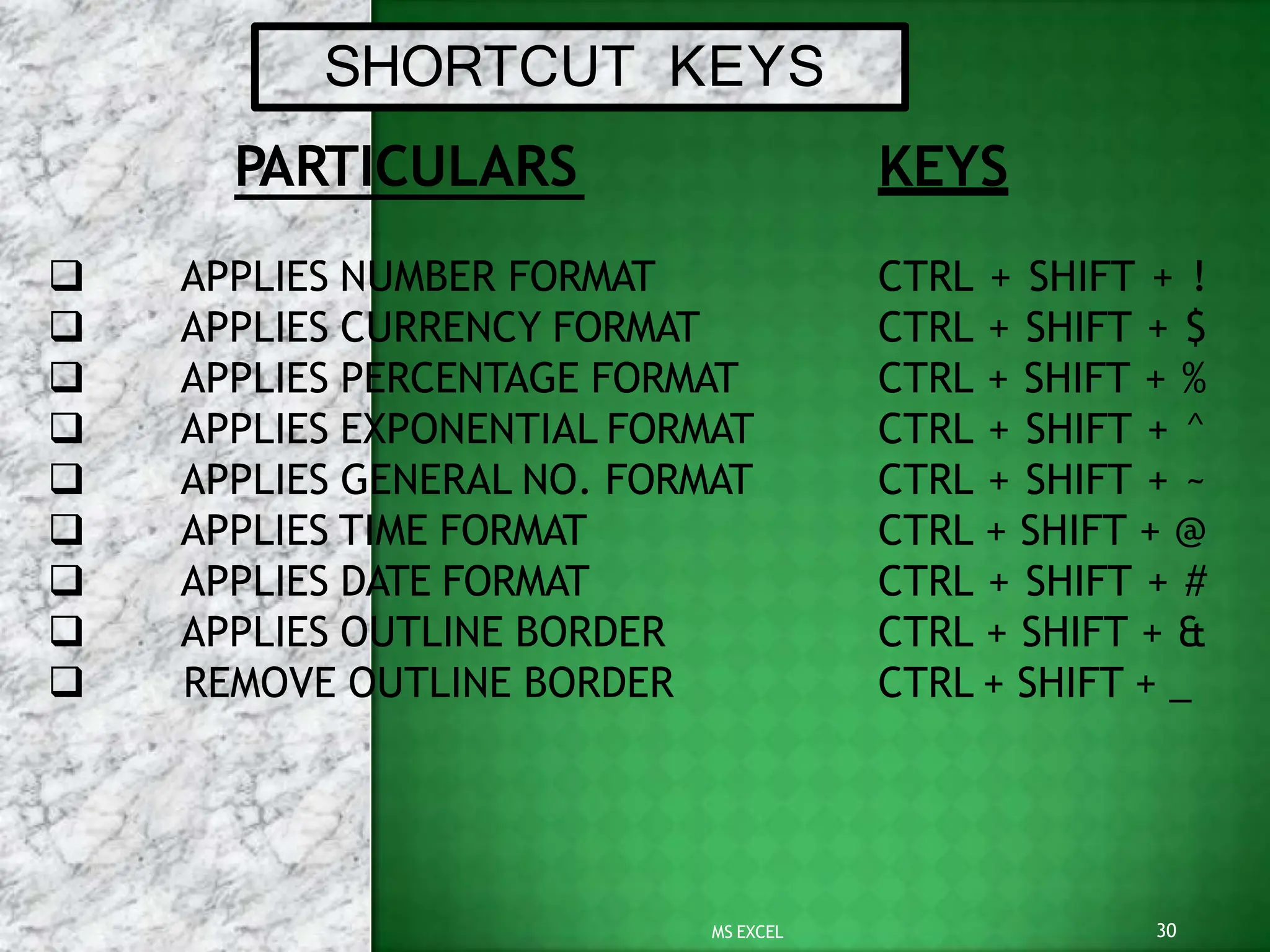SHORTCUT KEYS
PARTICULARS
 APPLIES NUMBER FORMAT
 APPLIES CURRENCY FORMAT
 APPLIES PERCENTAGE FORMAT
 APPLIES EXPONENTIAL FORMAT
 APPLIES GENERAL NO. FORMAT
 APPLIES TIME FORMAT
 APPLIES DATE FORMAT
 APPLIES OUTLINE BORDER
 REMOVE OUTLINE BORDER
30
MS EXCEL
KEYS
CTRL + SHIFT + !
CTRL + SHIFT + $
CTRL + SHIFT + %
CTRL + SHIFT + ^
CTRL + SHIFT + ~
CTRL + SHIFT + @
CTRL + SHIFT + #
CTRL + SHIFT + &
CTRL + SHIFT + _
 