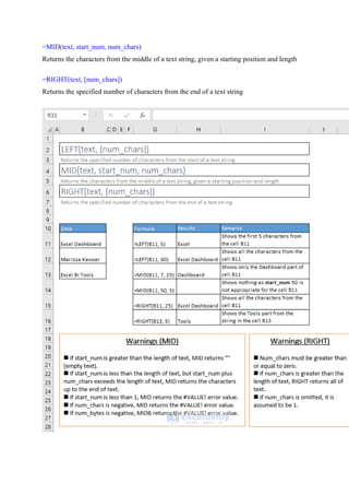 =MID(text, start_num, num_chars)
Returns the characters from the middle of a text string, given a starting position and length
=RIGHT(text, [num_chars])
Returns the specified number of characters from the end of a text string
 