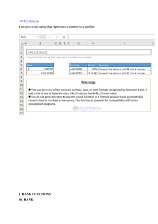 =VALUE(text)
Converts a text string that represents a number to a number
I. RANK FUNCTIONS
84. RANK
 