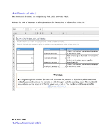 =RANK(number, ref, [order])
This function is available for compatibility with Excel 2007 and others.
Returns the rank of a number in a list of numbers: its size relative to other values in the list
85. RANK.AVG
=RANK.AVG(number, ref, [order])
 