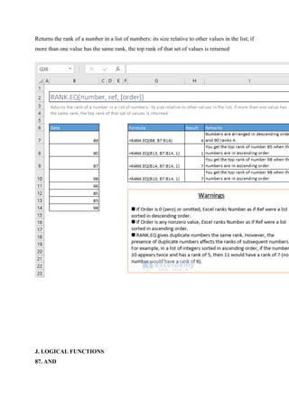 Returns the rank of a number in a list of numbers: its size relative to other values in the list; if
more than one value has the same rank, the top rank of that set of values is returned
J. LOGICAL FUNCTIONS
87. AND
 