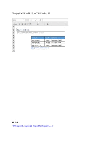 Changes FALSE to TRUE, or TRUE to FALSE
89. OR
=OR(logical1, [logical2], [logical3], [logical4], …)
 