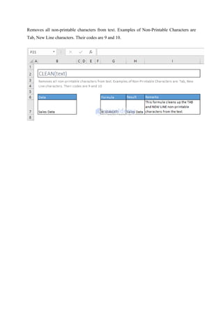 Removes all non-printable characters from text. Examples of Non-Printable Characters are
Tab, New Line characters. Their codes are 9 and 10.
 