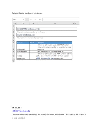 Returns the row number of a reference
74. EXACT
=EXACT(text1, text2)
Checks whether two text strings are exactly the same, and returns TRUE or FALSE. EXACT
is case-sensitive
 