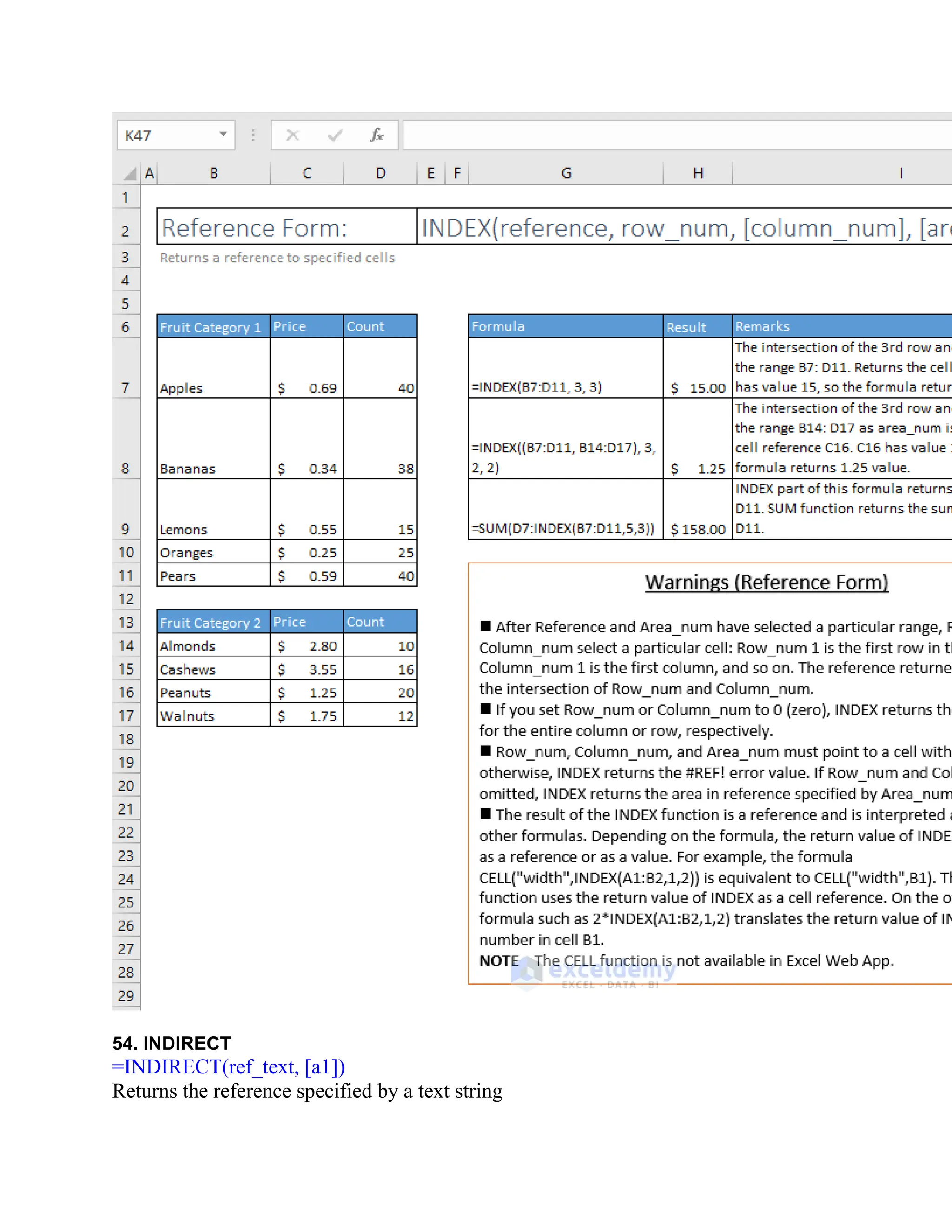 54. INDIRECT
=INDIRECT(ref_text, [a1])
Returns the reference specified by a text string
 