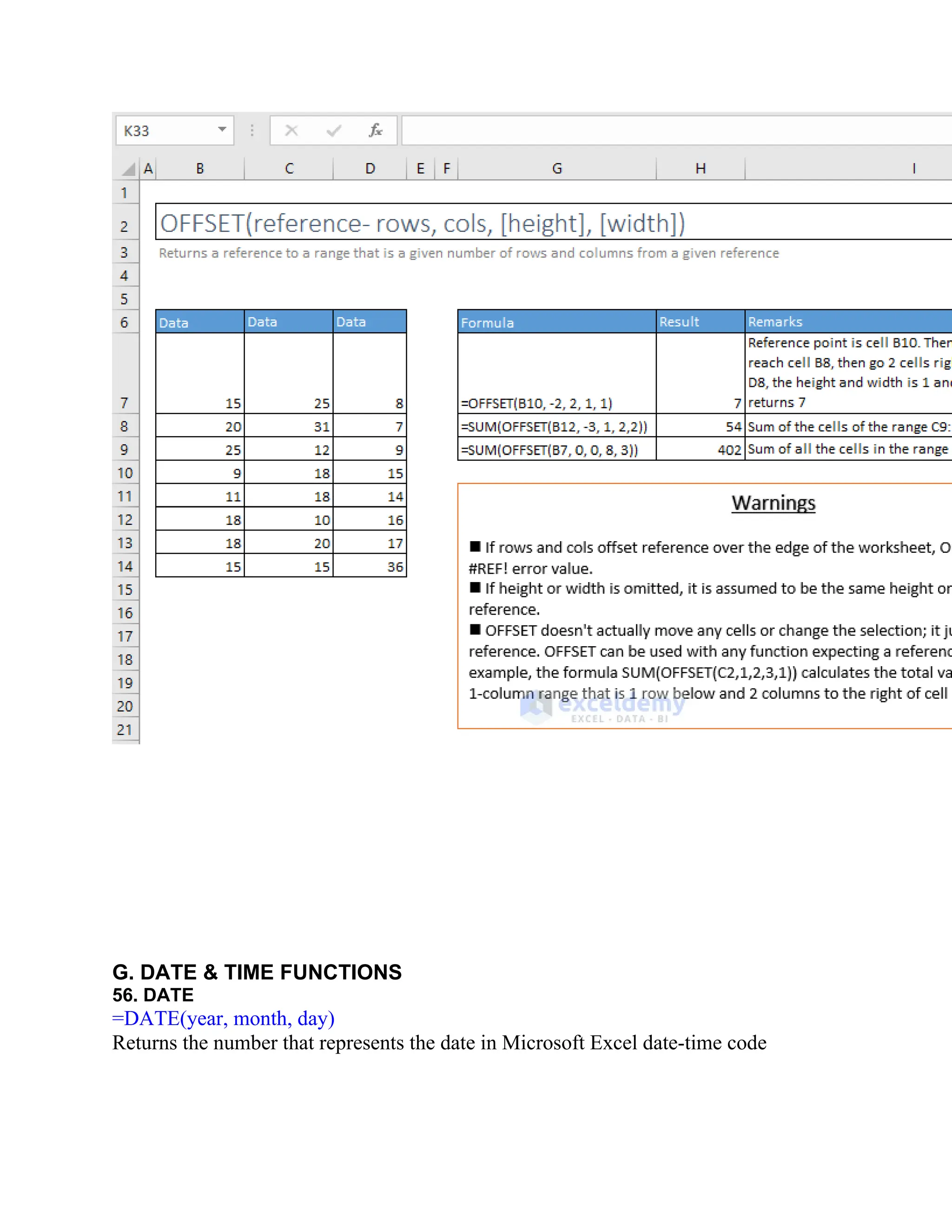 G. DATE & TIME FUNCTIONS
56. DATE
=DATE(year, month, day)
Returns the number that represents the date in Microsoft Excel date-time code
 