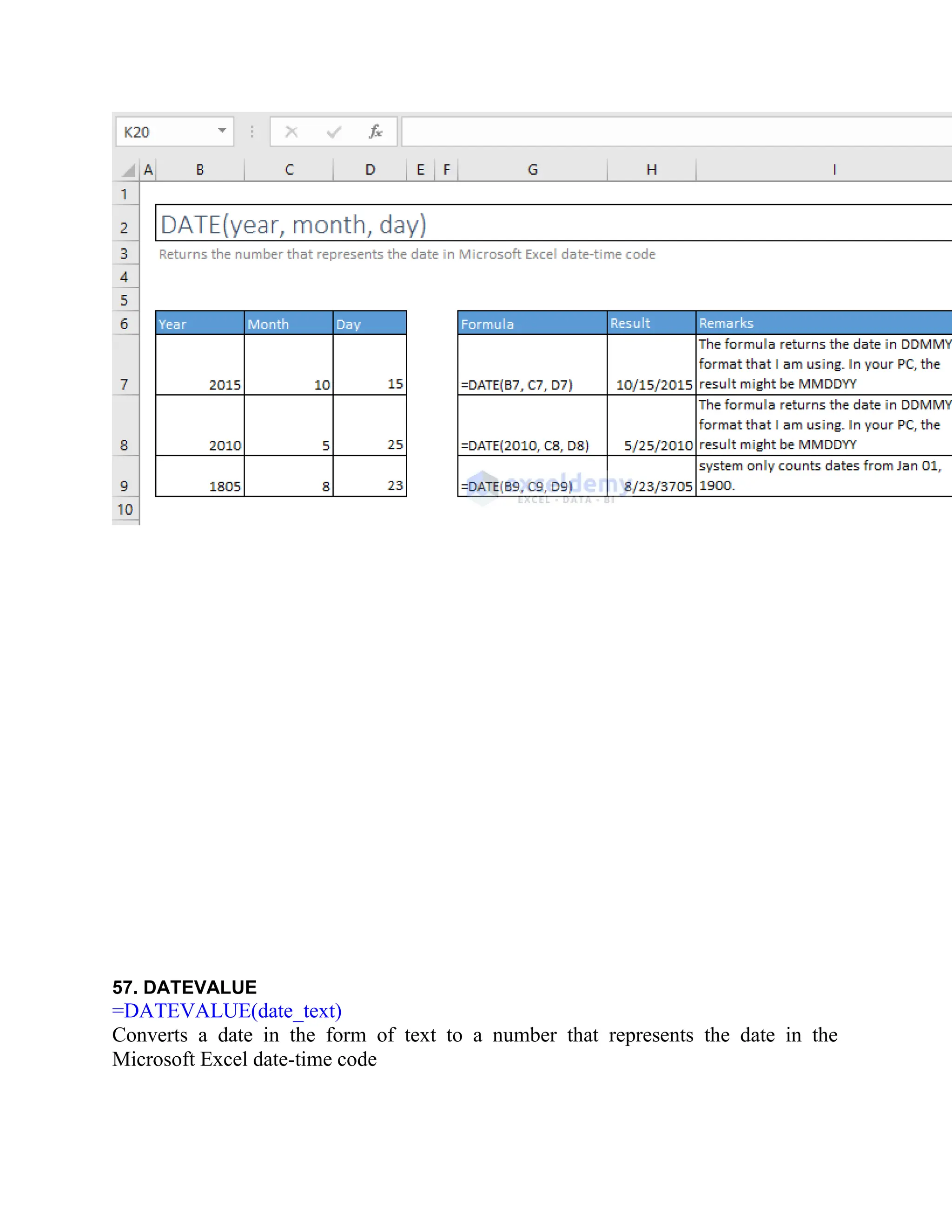 57. DATEVALUE
=DATEVALUE(date_text)
Converts a date in the form of text to a number that represents the date in the
Microsoft Excel date-time code
 