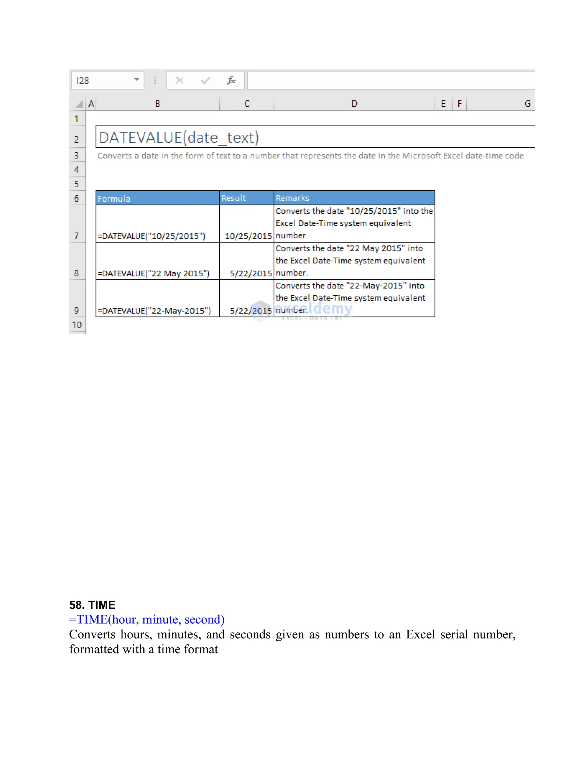 58. TIME
=TIME(hour, minute, second)
Converts hours, minutes, and seconds given as numbers to an Excel serial number,
formatted with a time format
 