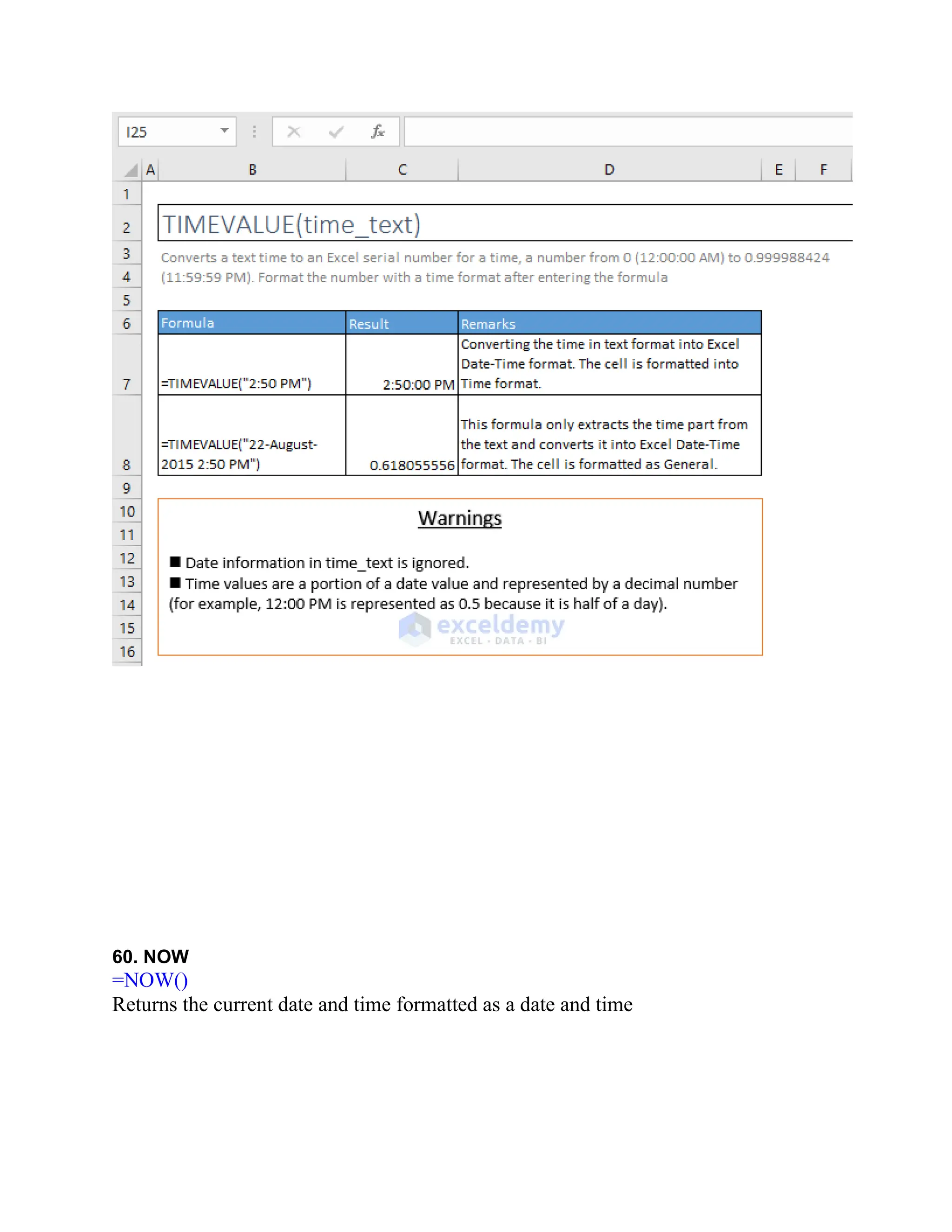 60. NOW
=NOW()
Returns the current date and time formatted as a date and time
 