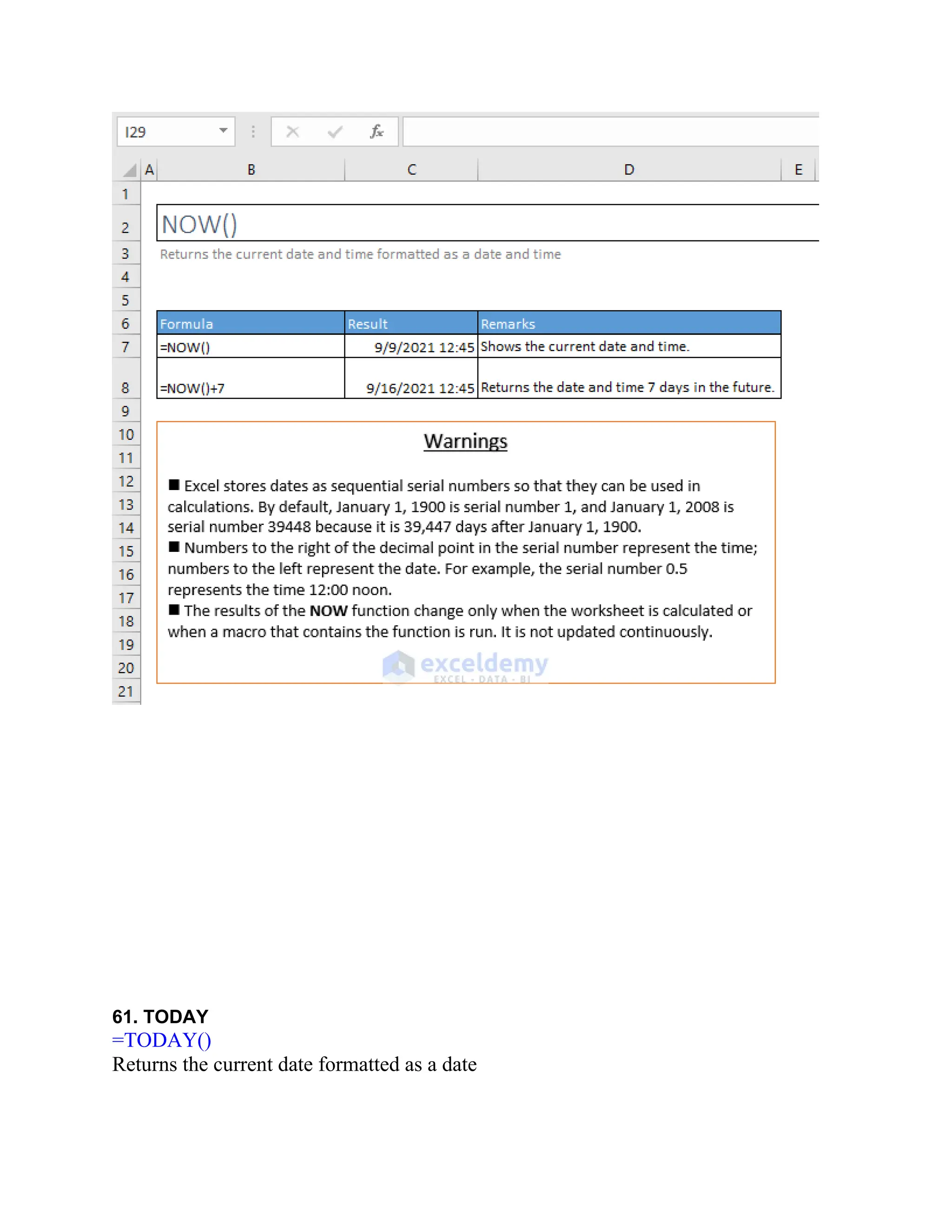 61. TODAY
=TODAY()
Returns the current date formatted as a date
 