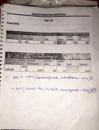 - OM SAi COMPUTERINfflTUTE
Set: 19
Goal Seek
-~ARGET TO GET 80%
,PERCENTA
CHE ·, ·J, ,, PHY MARKS GE
88 500 . 80;
--------~---~
 